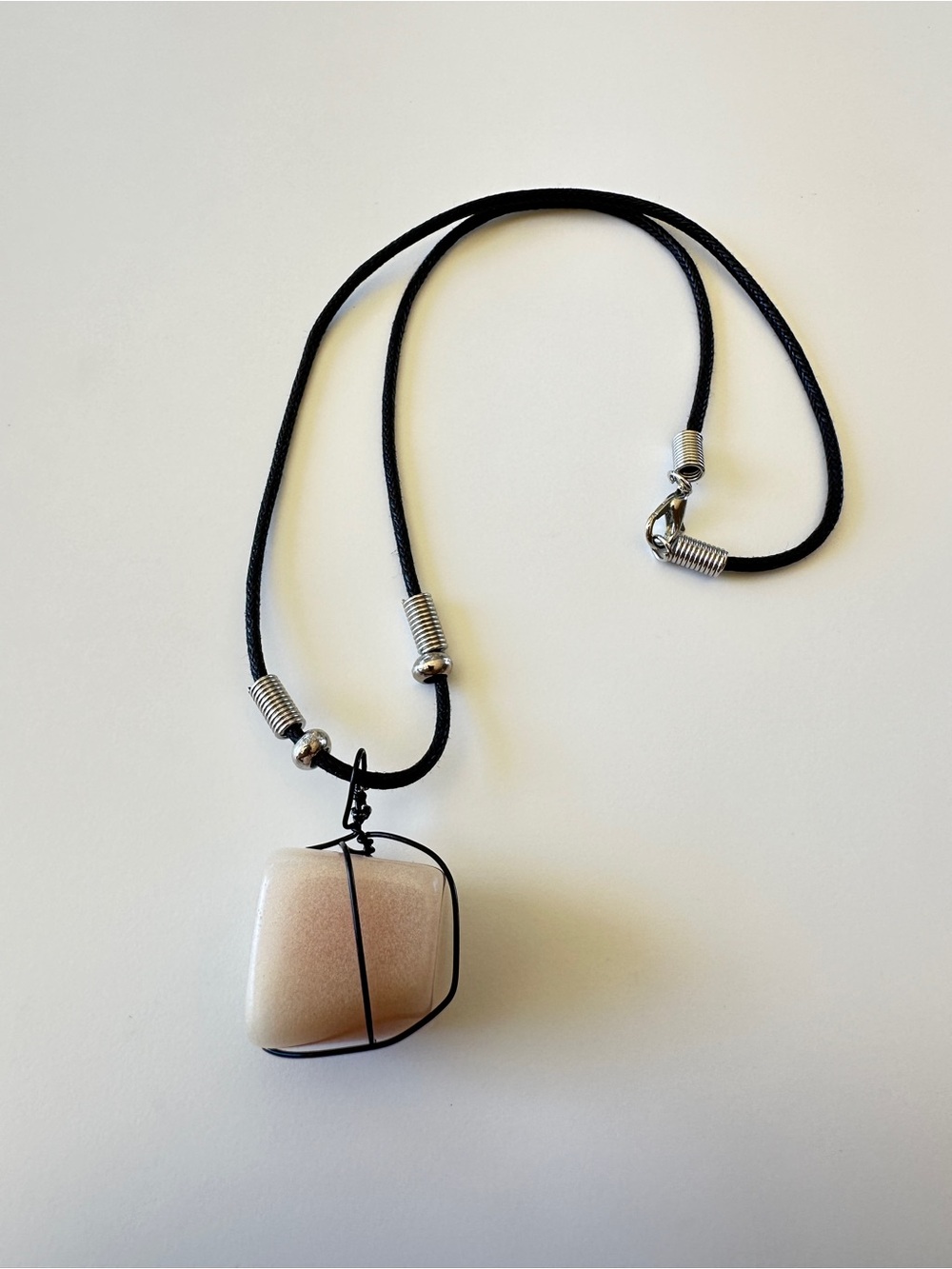 Black Cord Necklace with Beige Stone Pendant